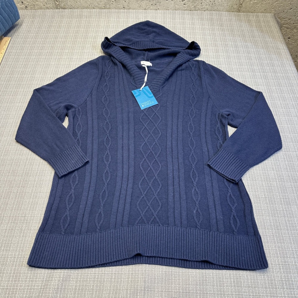 New‎ Preppy Cable Knit Hooded Sweater 2X Coastal Navy Cozy Academia